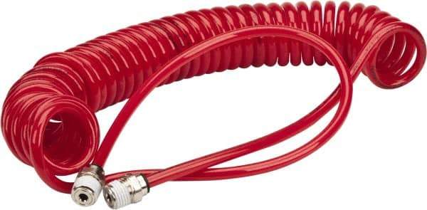 PRO-SOURCE - 0.16 ID, 1/4 Thread, 15' Long, Red Polyurethane Coiled & Self Storing Hose - 125 Max psi, Male Swivel x Male Swivel - Makers Industrial Supply