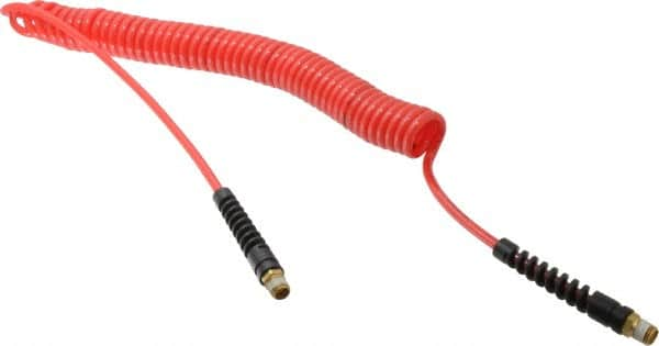 PRO-SOURCE - 3/16" ID, 1/4 Thread, 20' Long, Red Polyurethane Coiled & Self Storing Hose - 147 Max psi, Male Swivel x Male Swivel - Makers Industrial Supply