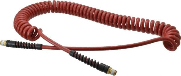 PRO-SOURCE - 1/4" ID, 1/4 Thread, 20' Long, Red Polyurethane Coiled & Self Storing Hose - 220 Max psi, Male Swivel x Male Swivel - Makers Industrial Supply