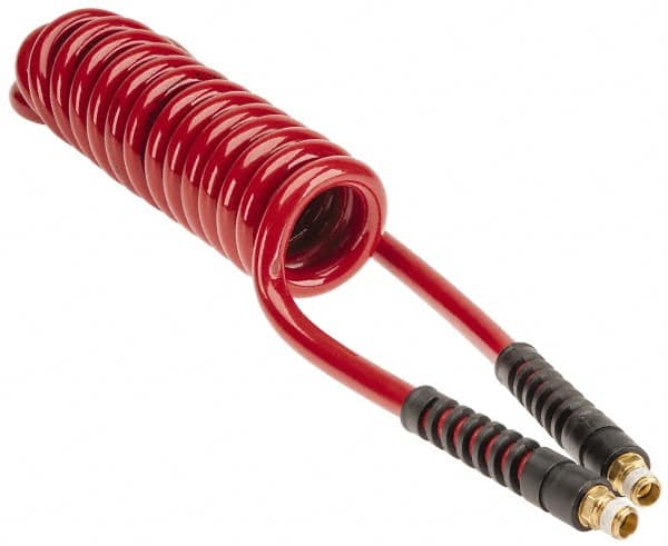 PRO-SOURCE - 3/8" ID, 1/4 Thread, 10' Long, Red Polyurethane Coiled & Self Storing Hose - 200 Max psi, Male Swivel x Male Swivel - Makers Industrial Supply