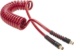 PRO-SOURCE - 3/8" ID, 1/4 Thread, 15' Long, Red Polyurethane Coiled & Self Storing Hose - 200 Max psi, Male Swivel x Male Swivel - Makers Industrial Supply