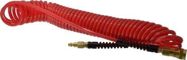 PRO-SOURCE - 1/4" ID, 1/4 Thread, 25' Long, Red Polyurethane Coiled & Self Storing Hose - Male Swivel x Male Swivel - Makers Industrial Supply