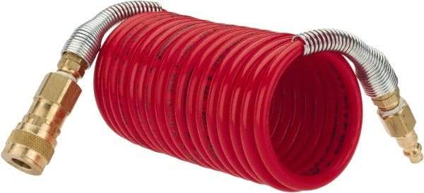 PRO-SOURCE - 1/4" ID, 1/4 Thread, 12' Long, Red Nylon Coiled & Self Storing Hose - 240 Max psi, Industrial Interchange Coupler x Plug - Makers Industrial Supply