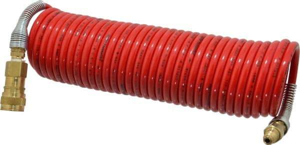 PRO-SOURCE - 1/4" ID, 1/4 Thread, 25' Long, Red Nylon Coiled & Self Storing Hose - 240 Max psi, Industrial Interchange Coupler x Plug - Makers Industrial Supply