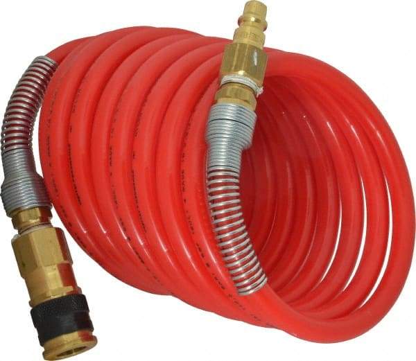 PRO-SOURCE - 3/8" ID, 3/8 Thread, 12' Long, Red Nylon Coiled & Self Storing Hose - 225 Max psi, Industrial Interchange Coupler x Plug - Makers Industrial Supply