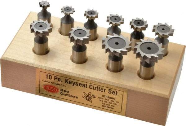 Keo - 3/8 to 1" Cutting Diam, Straight Tooth Configuration, Woodruff and Keyseat Cutter Set - 204 to 808 ANSI, High Speed Steel, 10 Pieces - Makers Industrial Supply