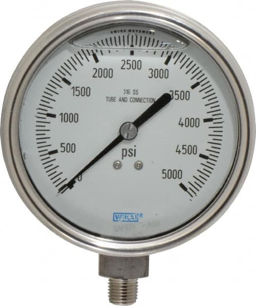 Wika - 4" Dial, 1/4 Thread, 0-5,000 Scale Range, Pressure Gauge - Lower Connection Mount, Accurate to 1% of Scale - Makers Industrial Supply