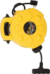 Bayco - 12 AWG, 50' Cable Length, Cord & Cable Reel with Outlet End - 4 Outlets, NEMA 5-15R, 15 Amps, SJTW Cable, Yellow Reel - Makers Industrial Supply