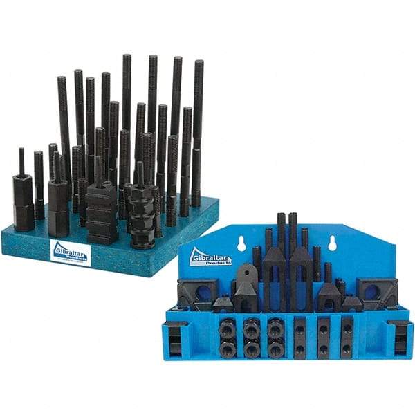 Gibraltar - 52 Piece Fixturing Step Block & Clamp Set with 1" Step Block, 7/16" T-Slot, 3/8-16 Stud Thread - 11/16" Nut Width, 3, 4, 5, 6, 7 & 8" Stud Lengths - Makers Industrial Supply