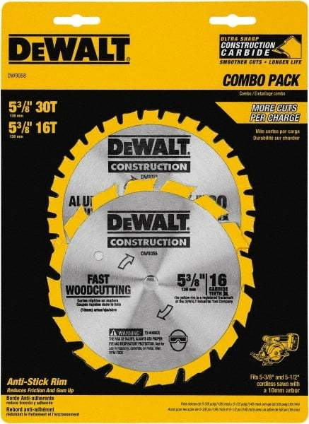 DeWALT - 5-3/8" Diam, 0.3937" Arbor Hole Diam, 16 & 30 Tooth Wet & Dry Cut Saw Blade - Tungsten Carbide-Tipped, Fast Cutting Action, Diamond Arbor - Makers Industrial Supply