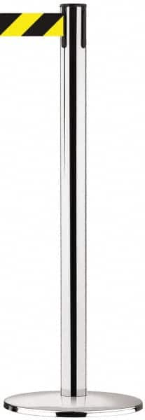 Tensator - 38-1/2" High, 2-1/2" Pole Diam, Tensabarrier Post - 13-1/2" Base Diam, Round Cast Iron with Pressed Steel Cover Base, Polished Chrome (Color) 7-1/2' Tape - Makers Industrial Supply