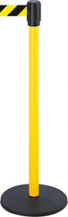 Tensator - 38-1/2" High, 2" Pole Diam, Tensabarrier Post - 13-1/2" Base Diam, Round Stainless Steel Base, Yellow 7-1/2' Tape - Makers Industrial Supply