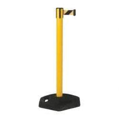 Tensator - 38-1/4" High, 2-1/2" Pole Diam, Tensabarrier Post - 19" Base Diam, UPVC Base, Yellow Plastic Post, 7-1/2' Tape, Single Line Tape, For Outdoor Use - Makers Industrial Supply