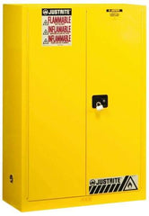 Justrite - 2 Door, 2 Shelf, Yellow Steel Standard Safety Cabinet for Flammable and Combustible Liquids - 65" High x 43" Wide x 18" Deep, Manual Closing Door, 3 Point Key Lock, 45 Gal Capacity - Makers Industrial Supply