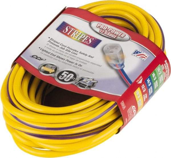 Southwire - 50', 12/3 Gauge/Conductors, Yellow/Purple Outdoor Extension Cord - 1 Receptacle, 15 Amps, 125 VAC, UL SJTW, NEMA 5-15P, 5-15R - Makers Industrial Supply