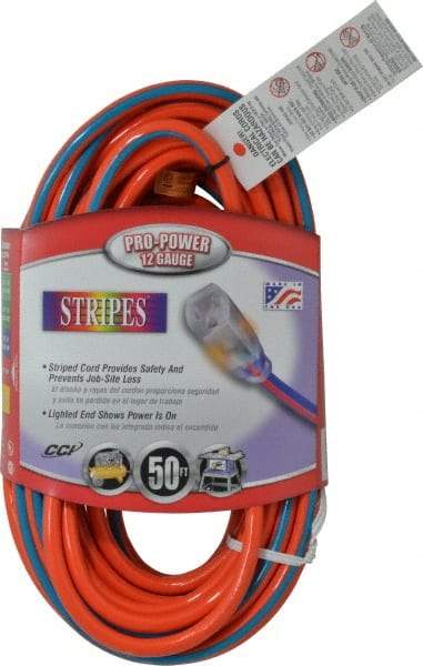 Southwire - 50', 12/3 Gauge/Conductors, Orange/Blue Outdoor Extension Cord - 1 Receptacle, 15 Amps, 125 VAC, UL SJTW, NEMA 5-15P, 5-15R - Makers Industrial Supply