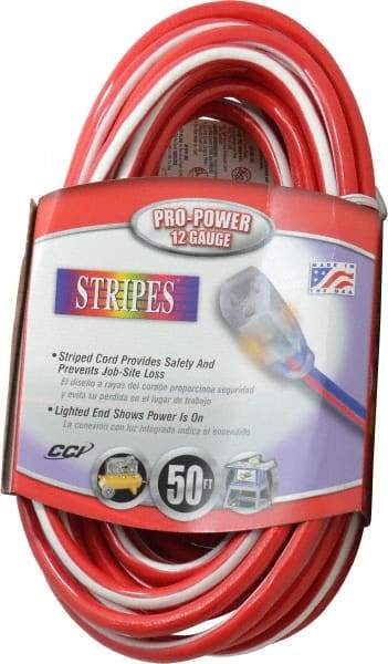 Southwire - 50', 12/3 Gauge/Conductors, Red/White Outdoor Extension Cord - 1 Receptacle, 15 Amps, 125 VAC, UL SJTW, NEMA 5-15P, 5-15R - Makers Industrial Supply