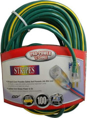 Southwire - 100', 12/3 Gauge/Conductors, Green/Yellow Outdoor Extension Cord - 1 Receptacle, 15 Amps, 125 VAC, UL SJTW, NEMA 5-15P, 5-15R - Makers Industrial Supply