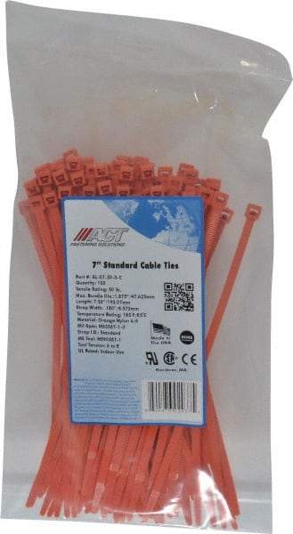 Made in USA - 7.562" Long Orange Nylon Standard Cable Tie - 50 Lb Tensile Strength, 1.32mm Thick, 2" Max Bundle Diam - Makers Industrial Supply