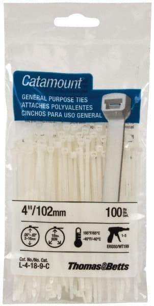 Thomas & Betts - 4" Long Natural (Color) Nylon Standard Cable Tie - 18 Lb Tensile Strength, 1.13mm Thick, 5/8" Max Bundle Diam - Makers Industrial Supply