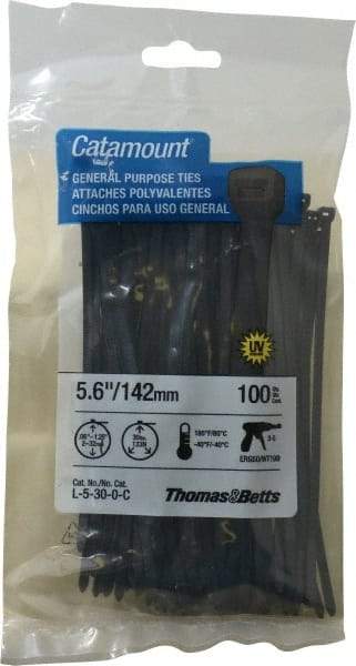 Thomas & Betts - 5.6" Long Black Nylon Standard Cable Tie - 30 Lb Tensile Strength, 1.21mm Thick, 1-1/4" Max Bundle Diam - Makers Industrial Supply