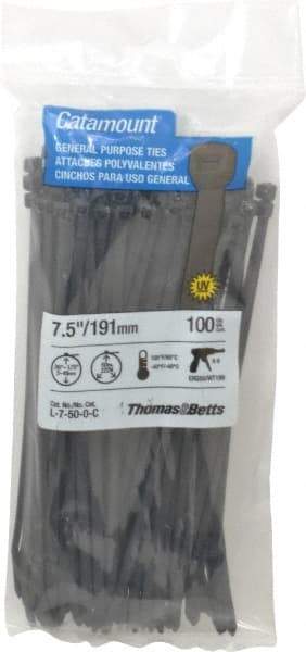 Thomas & Betts - 7-1/2" Long Black Nylon Standard Cable Tie - 50 Lb Tensile Strength, 1.35mm Thick, 5/8" Max Bundle Diam - Makers Industrial Supply