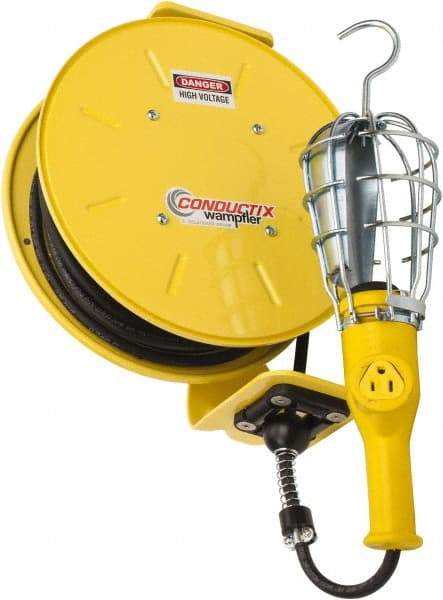 Conductix - 16 AWG, 25' Cable Length, Cord & Cable Reel with Incandescent Hand Lamp End - 1 Outlet, NEMA 5-15R, 10 Amps, 125 Volts, SOOW-A Cable, Yellow Reel, Spring Driven Reel - Makers Industrial Supply