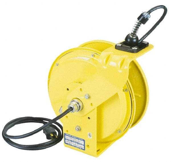 Conductix - 16 AWG, 35' Cable Length, Cord & Cable Reel with Bare End - 3 Outlets, NEMA 5-15R, 10 Amps, 110 Volts, SOOW-A Cable, Yellow Reel, Spring Driven Reel - Makers Industrial Supply