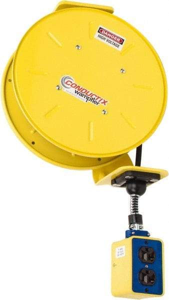 Conductix - 16 AWG, 50' Cable Length, Cord & Cable Reel with Outlet End - 3 Outlets, NEMA 5-15R, 10 Amps, 125 Volts, SOOW-A Cable, Yellow Reel, Spring Driven Reel - Makers Industrial Supply