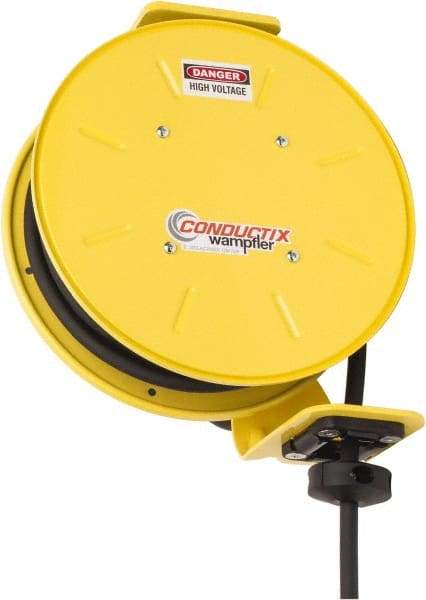 Conductix - 12 AWG, 30' Cable Length, Cord & Cable Reel with Bare End - 3 Outlets, NEMA 5-20R, 20 Amps, SEOW-A Cable, Yellow Reel, Spring Driven Reel - Makers Industrial Supply