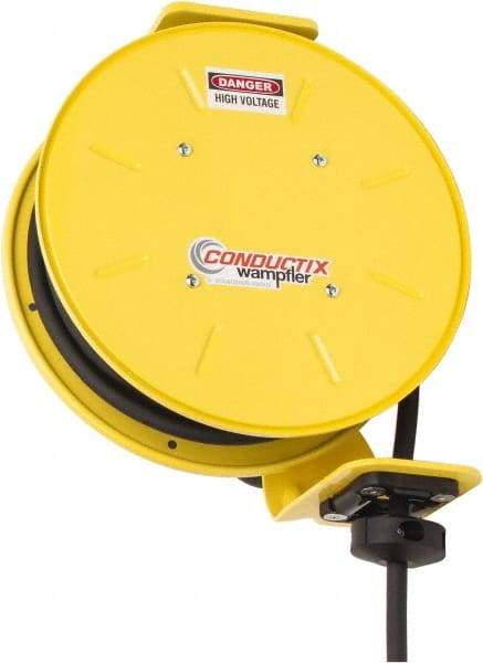 Conductix - 14 AWG, 40' Cable Length, Cord & Cable Reel with Bare End - 3 Outlets, NEMA 5-15R, 15 Amps, SEOW-A Cable, Yellow Reel, Spring Driven Reel - Makers Industrial Supply