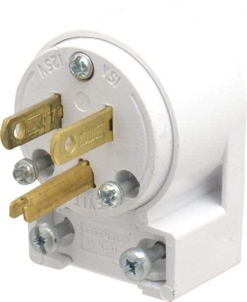 Leviton - 125 VAC, 15 Amp, 5-15P NEMA, Angled, Self Grounding, Residential Grade Plug - 2 Pole, 3 Wire, 1 Phase, PVC, White - Makers Industrial Supply