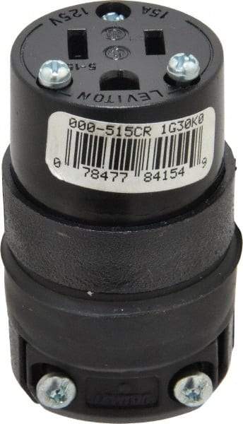 Leviton - 125 VAC, 15 Amp, 5-15R NEMA, Straight, Self Grounding, Residential Grade Connector - 2 Pole, 3 Wire, 1 Phase, Rubber, Black - Makers Industrial Supply