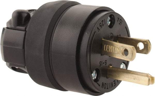 Leviton - 125 VAC, 15 Amp, 5-15P NEMA, Straight, Self Grounding, Residential Grade Plug - 2 Pole, 3 Wire, 1 Phase, Rubber, Black - Makers Industrial Supply