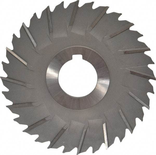 Made in USA - 4" Blade Diam x 1/8" Blade Thickness, 1" Hole, 32 Teeth, High Speed Steel Side Chip Saw - Staggered Tooth, Arbor Connection, Right Hand Cut, Uncoated, with Keyway - Makers Industrial Supply