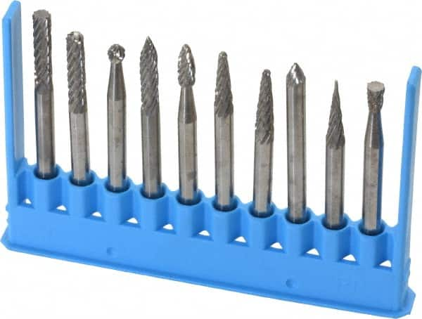 Made in USA - 10 Piece, 1/8" Shank Burr Set - Tungsten Carbide - Makers Industrial Supply