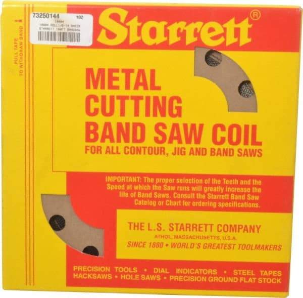 Starrett - 1/8" x 100' x 0.025" Carbon Steel Band Saw Blade Coil Stock - 14 TPI, Toothed Edge, Straight Form, Raker Set, Flexible Back, No Rake Angle, Constant Pitch, Contour Cutting - Makers Industrial Supply