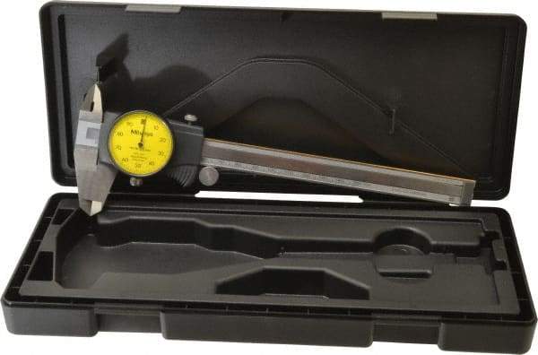 Mitutoyo - 0mm to 150mm Range, 0.01 mm Graduation, 1mm per Revolution, Dial Caliper - Yellow Face, 40mm Jaw Length, Accurate to 0.03mm - Makers Industrial Supply