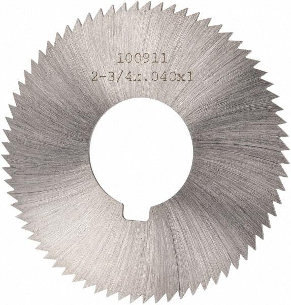 Made in USA - 2-3/4" Diam x 0.04" Blade Thickness x 1" Arbor Hole Diam, 72 Tooth Slitting and Slotting Saw - Arbor Connection, Right Hand, Uncoated, High Speed Steel, Concave Ground, Contains Keyway - Makers Industrial Supply