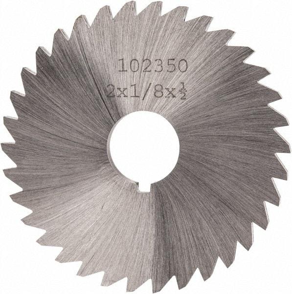 Made in USA - 2" Diam x 1/8" Blade Thickness x 1/2" Arbor Hole Diam, 34 Tooth Slitting and Slotting Saw - Arbor Connection, Right Hand, Uncoated, High Speed Steel, Concave Ground, Contains Keyway - Makers Industrial Supply