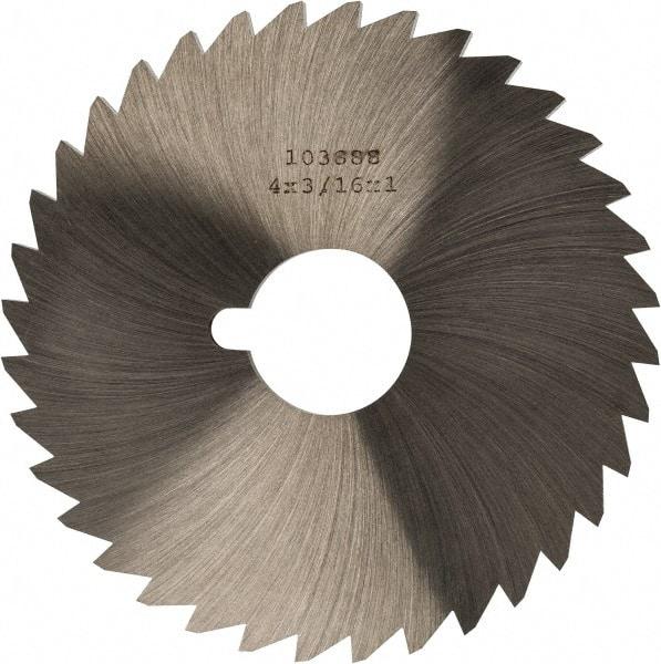 Made in USA - 4" Diam x 3/16" Blade Thickness x 1" Arbor Hole Diam, 36 Tooth Slitting and Slotting Saw - Arbor Connection, Right Hand, Uncoated, High Speed Steel, Concave Ground, Contains Keyway - Makers Industrial Supply