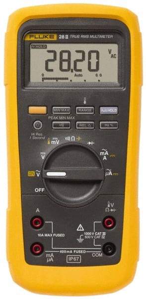 Fluke - 28-II, CAT IV, CAT III, 1,000 VAC/VDC, Digital True RMS Auto Ranging Manual Ranging Multimeter - 50 mOhm, Measures Voltage, Capacitance, Current, Frequency, Resistance, Temperature - Makers Industrial Supply