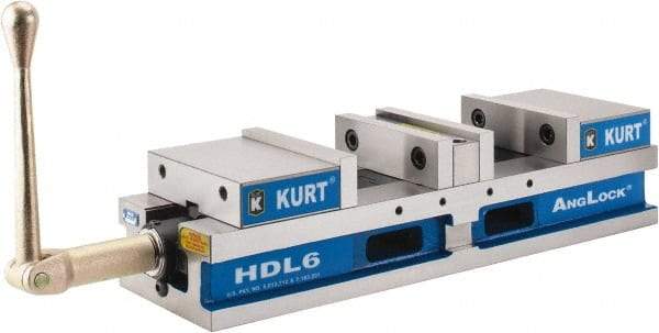 Kurt - 6" Jaw Width, 4" Jaw Opening Capacity, Horizontal Stationary Machine Vise - Manual Operation, 7,460 Lb Capacity, 1 Station, 22.45" Long x 4.853" High x 1-47/64" Deep, 44.07mm Jaw Height - Makers Industrial Supply