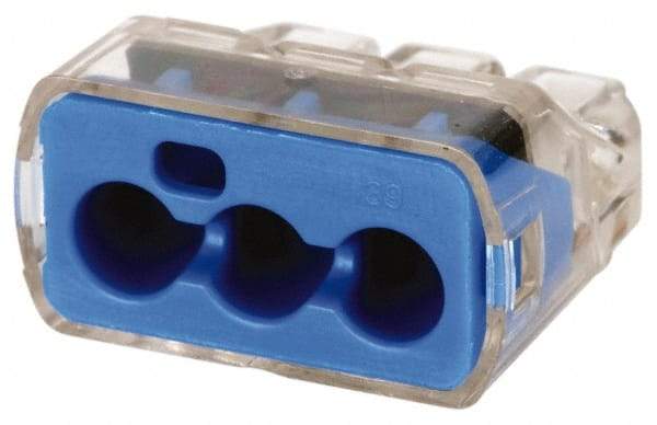 Ideal - 3 Port, 14 to 10 AWG Compatible, Push-In Wire Connector - 0.78" OAL x 0.086" OAW x 0.45" OAH, Blue - Makers Industrial Supply