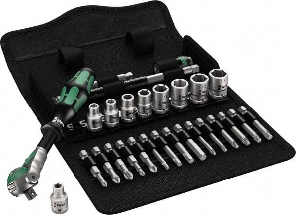 Wera - 28 Piece 1/4" Drive Standard Socket Set - 6 Points, 5 to 13mm, T10 to T40 Torx, Metric Measurement Standard - Makers Industrial Supply