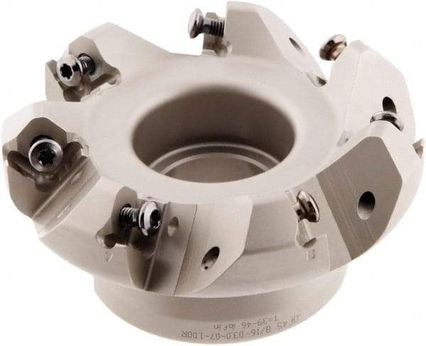 Iscar - 3" Cut Diam, 1" Arbor Hole, 0.138" Max Depth of Cut, 45° Indexable Chamfer & Angle Face Mill - 7 Inserts, ONHU 0505\xB6OXMT 0507\xB6S845 SN.U 1305 Insert, Right Hand Cut, 7 Flutes, Series Helido - Makers Industrial Supply