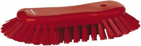 Vikan - 1.3" Bristle Length, Polyester Utility Scrub Brush - 7-3/4" Long x 3" Wide Head, 8" OAL, European Threaded Handle, Red, Polypropylene Block - Makers Industrial Supply