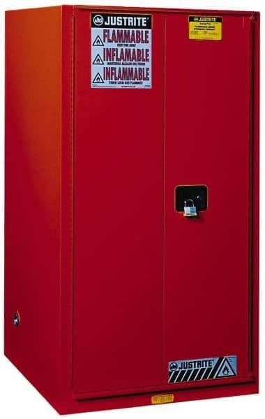 Justrite - 2 Door, 5 Shelf, Red Steel Standard Safety Cabinet for Flammable and Combustible Liquids - 65" High x 34" Wide x 34" Deep, Manual Closing Door, 3 Point Key Lock, 96 Gal Capacity - Makers Industrial Supply