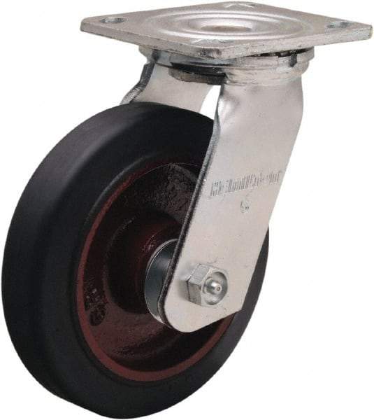 Hamilton - 6" Diam x 1-1/2" Wide x 7-1/2" OAH Top Plate Mount Swivel Caster - Rubber Mold on Cast Iron, 280 Lb Capacity, Straight Roller Bearing, 4 x 4-1/2" Plate - Makers Industrial Supply