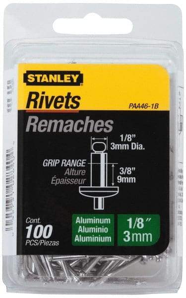 Stanley - Aluminum Color Coded Blind Rivet - Aluminum Mandrel, 0.313" to 3/8" Grip, 1/4" Head Diam, 0.125" to 0.133" Hole Diam, 0.525" Length Under Head, 1/8" Body Diam - Makers Industrial Supply